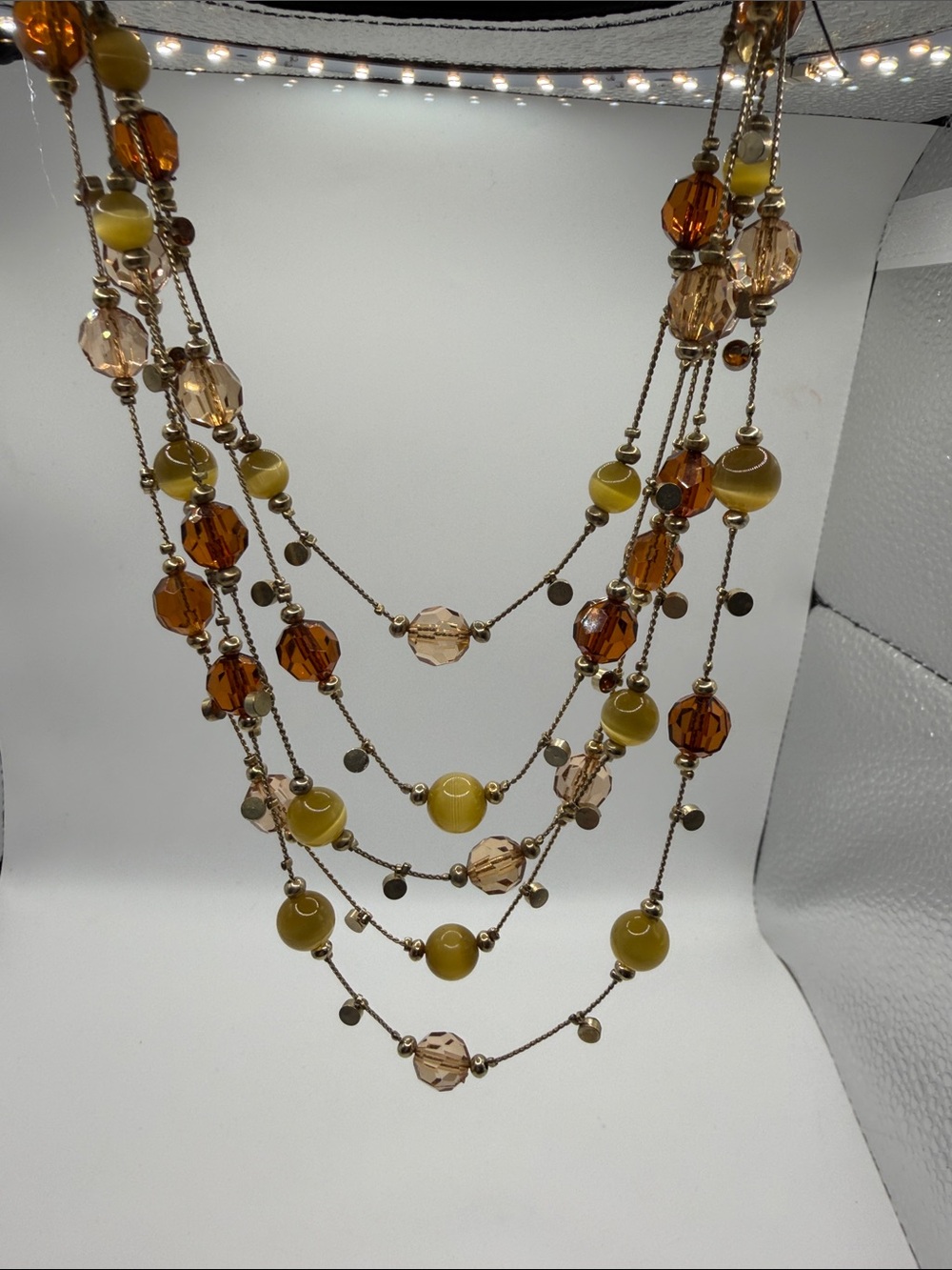 Multi Strand Amber Yellow Crystal Beaded Gold Tone Statement Necklace